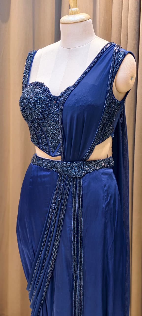 Midnight Royale Luxury Pre-Draped Saree With Slit with Heavy Handwork Corset Detailing-14870 Dispatching After 30 days