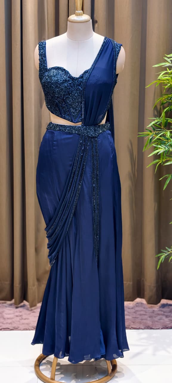 Midnight Royale Luxury Pre-Draped Saree With Slit with Heavy Handwork Corset Detailing-14870 Dispatching After 30 days
