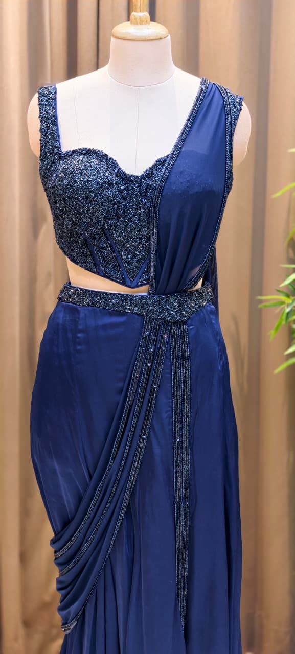 Midnight Royale Luxury Pre-Draped Saree With Slit with Heavy Handwork Corset Detailing-14870 Dispatching After 30 days