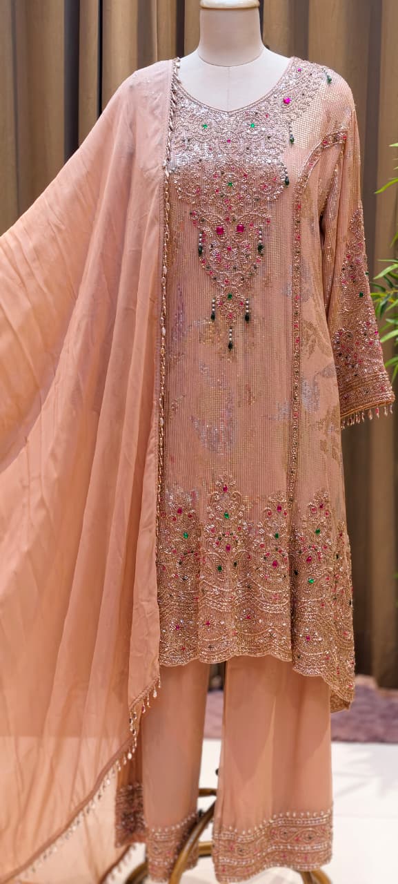 Noor-E-Zareen Premium Heavy Hand Embroidered Sequin & Stone Work Kurta Palazzo Set with Dupatta-14475