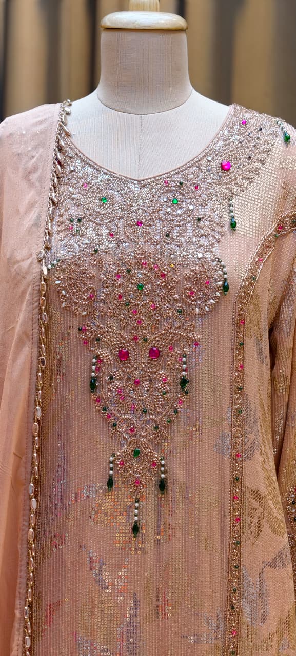 Noor-E-Zareen Premium Heavy Hand Embroidered Sequin & Stone Work Kurta Palazzo Set with Dupatta-14475