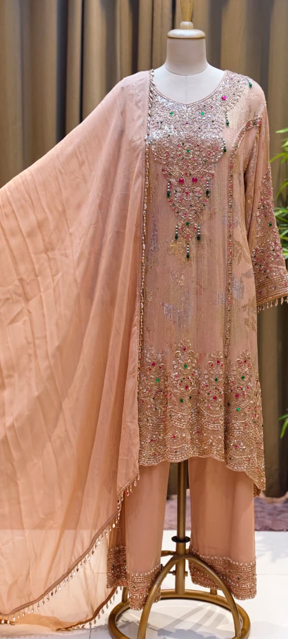 Noor-E-Zareen Premium Heavy Hand Embroidered Sequin & Stone Work Kurta Palazzo Set with Dupatta-14475