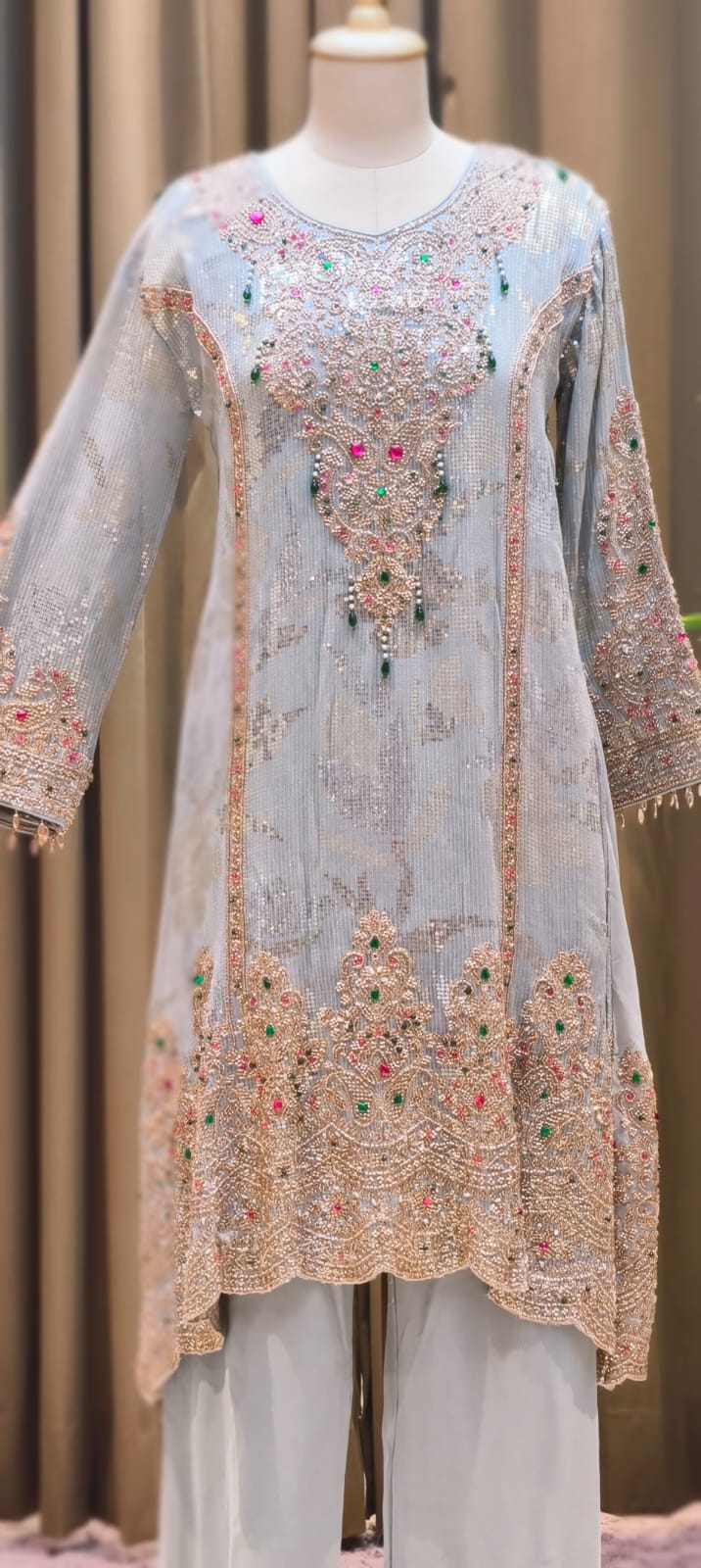 Noor-E-Zareen Premium Heavy Hand Embroidered Sequin & Stone Work Kurta Palazzo Set with Dupatta-14475