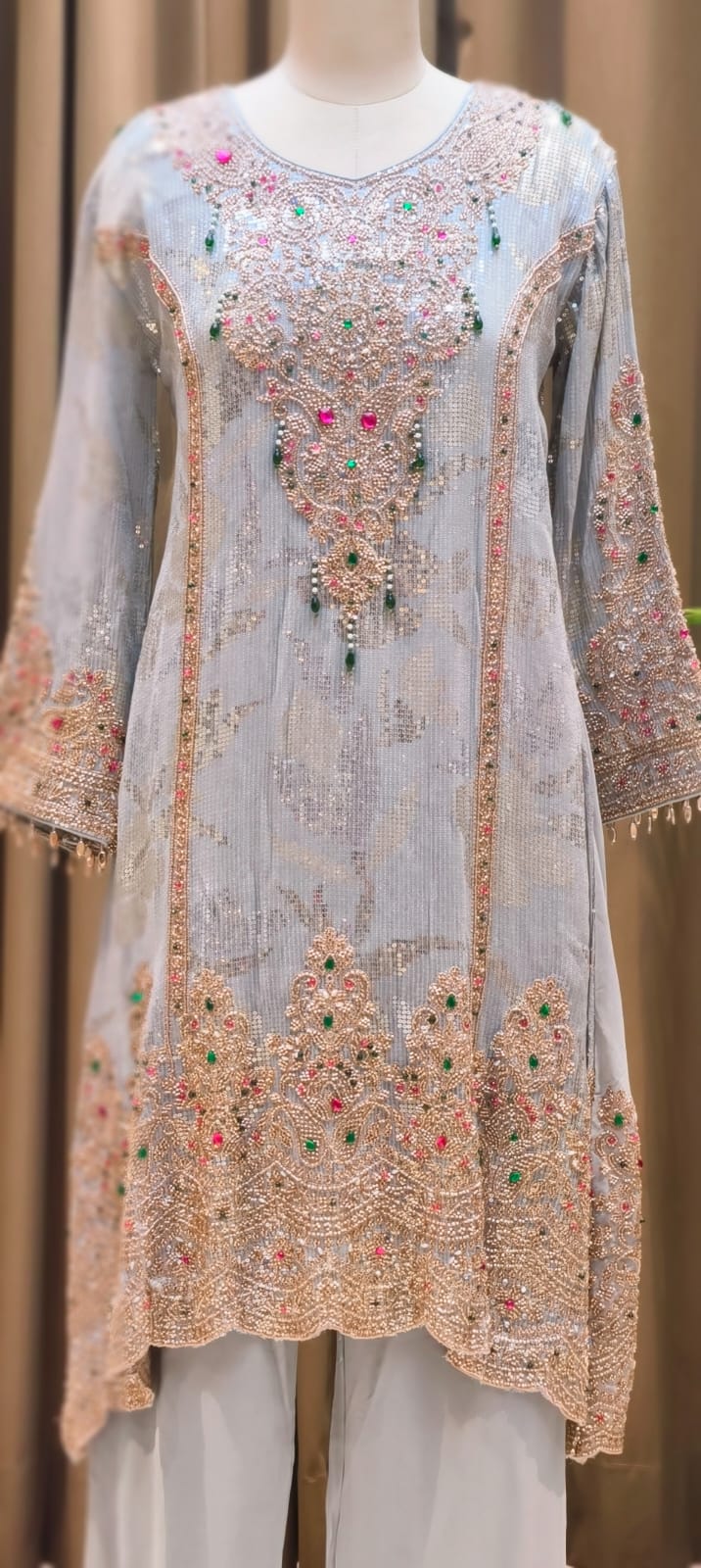 Noor-E-Zareen Premium Heavy Hand Embroidered Sequin & Stone Work Kurta Palazzo Set with Dupatta-14475