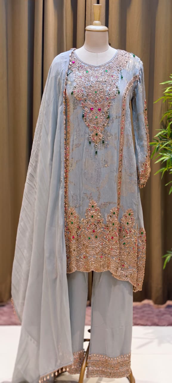 Noor-E-Zareen Premium Heavy Hand Embroidered Sequin & Stone Work Kurta Palazzo Set with Dupatta-14475