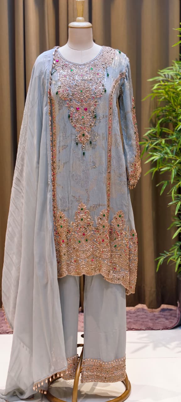 Noor-E-Zareen Premium Heavy Hand Embroidered Sequin & Stone Work Kurta Palazzo Set with Dupatta-14475