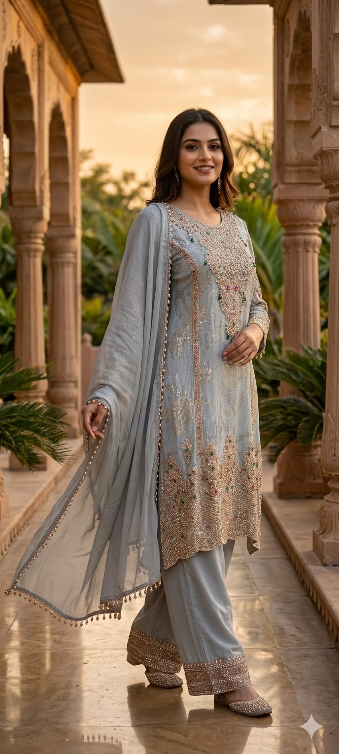 Noor-E-Zareen Premium Heavy Hand Embroidered Sequin & Stone Work Kurta Palazzo Set with Dupatta-14475