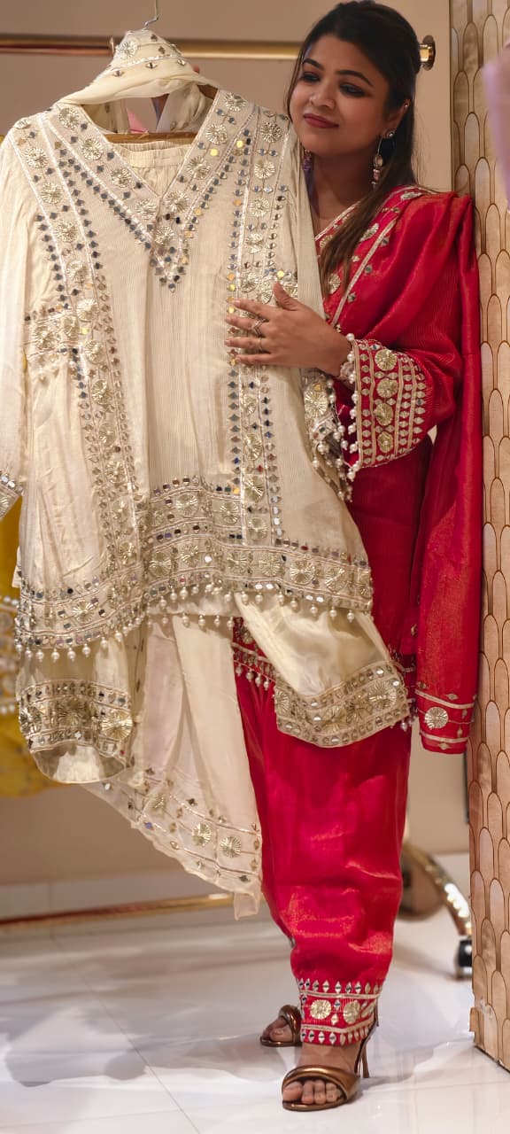 Designer Heavy Mirror Work Embroidered Kurta with Farshi Bottom  Dupatta-14879