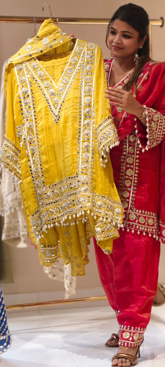 Designer Heavy Mirror Work Embroidered Kurta with Farshi Bottom  Dupatta-14879