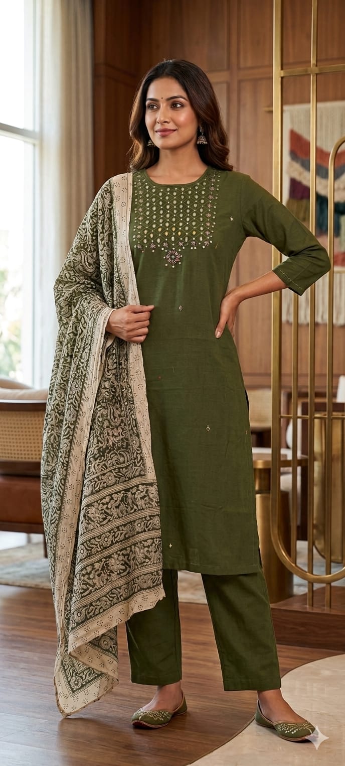 Mirror work Cotton Solid colour Kurta With Bottom With Kalamkari Dupatta 13941