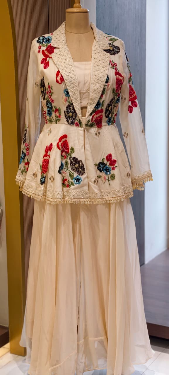 Elegant 3-piece partywear beautifully embellished peplum-style jacket, inner top, and flowy draped palazzo pants-14327