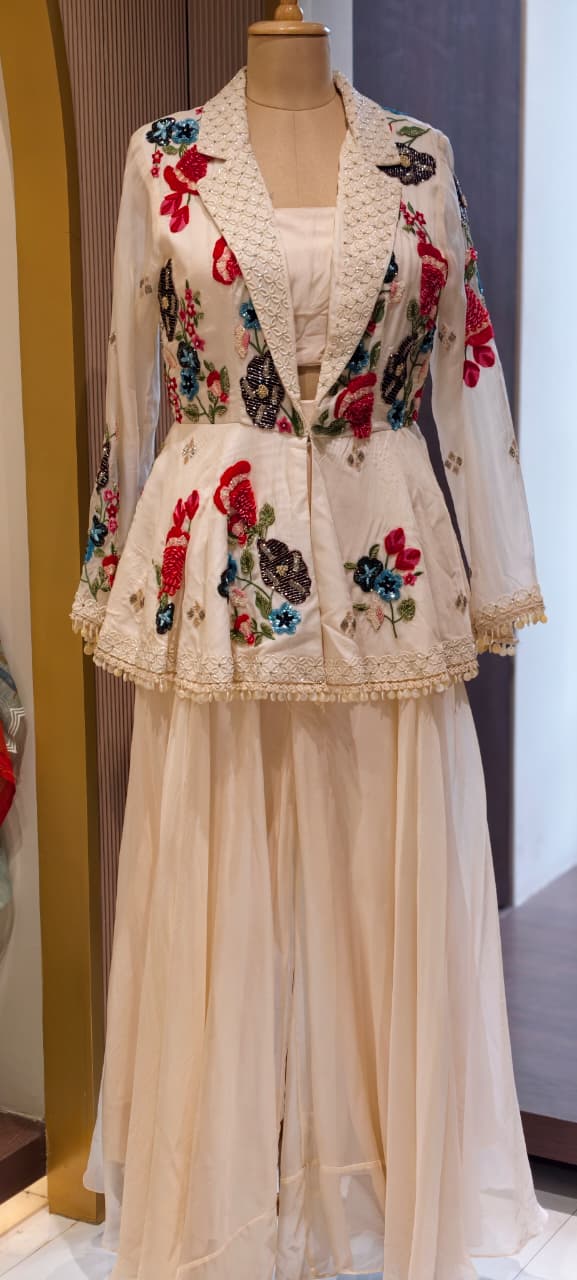 Elegant 3-piece partywear beautifully embellished peplum-style jacket, inner top, and flowy draped palazzo pants-14327