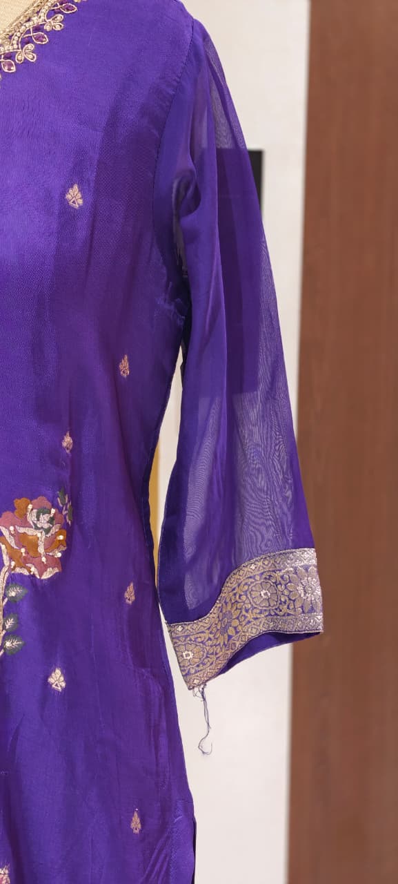 Detailed Floral Yoke Embroidery Lavender Purple Geometric Print Russian Silk Full Suit Set