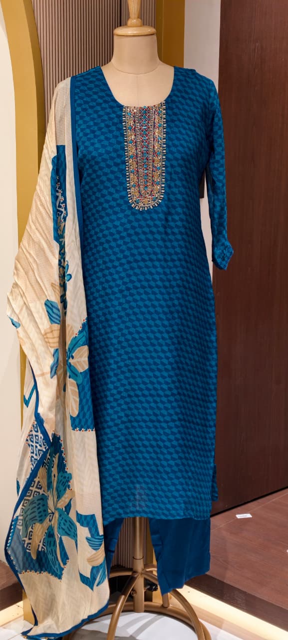 Traditional Embroidered Yoke Royal Blue Micro-Geometric Print Full Suit Set with Dupatta