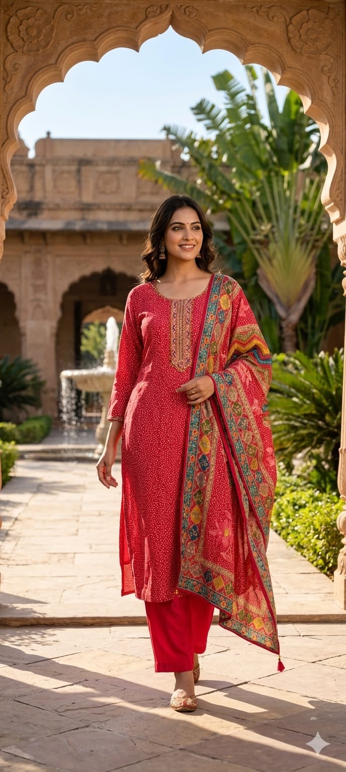 Abstract Colorful Dupatta With Scattered Polka Dotted Russian Silk Full Suit Set