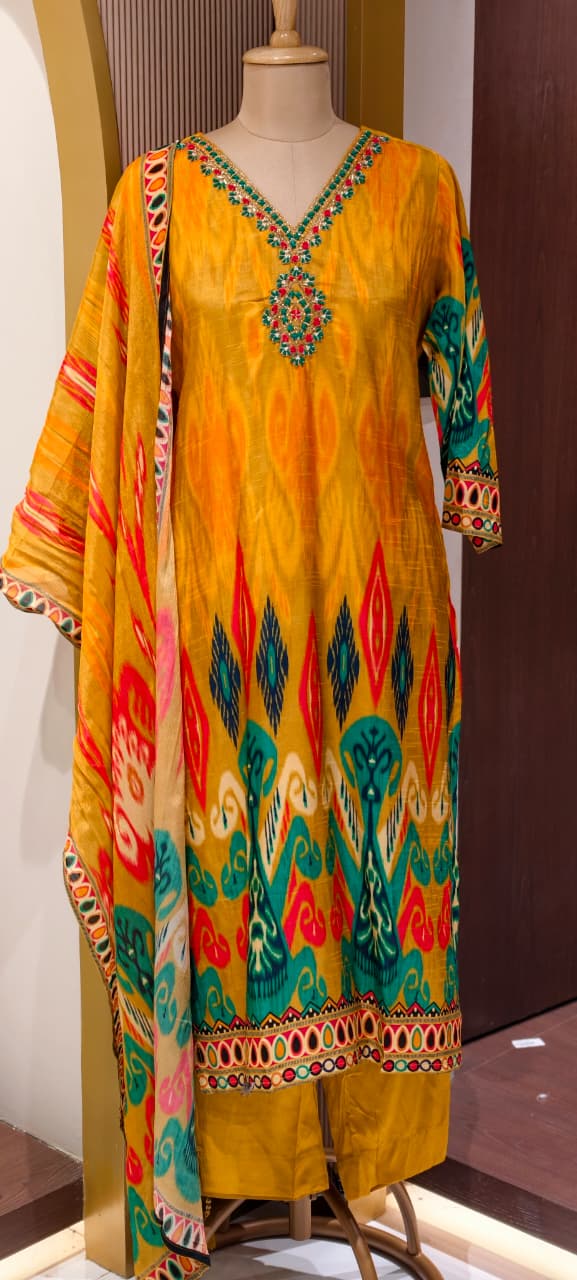 Intricate Zardosi & Stone Work Radiant Vibrant Ikat Print Russian Silk Full Suit Set with Dupatta