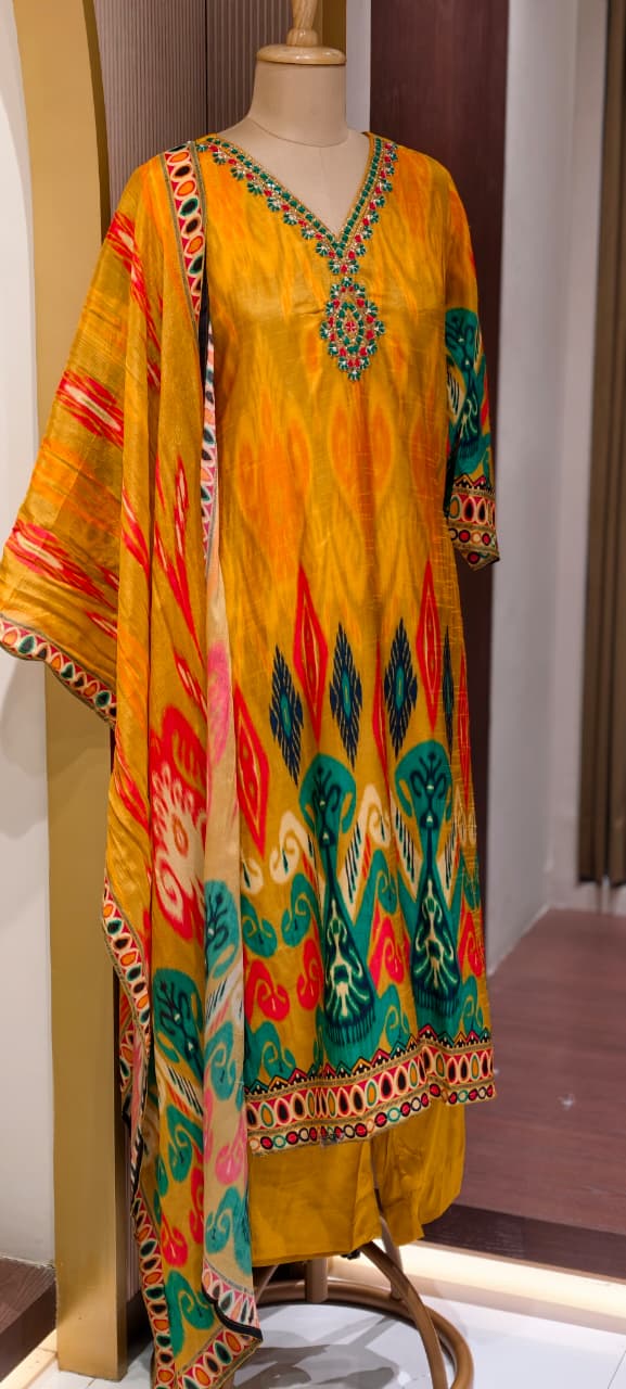 Intricate Zardosi & Stone Work Radiant Vibrant Ikat Print Russian Silk Full Suit Set with Dupatta