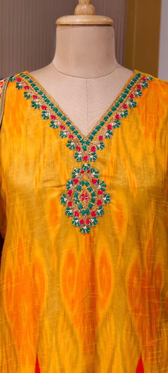 Intricate Zardosi & Stone Work Radiant Vibrant Ikat Print Russian Silk Full Suit Set with Dupatta