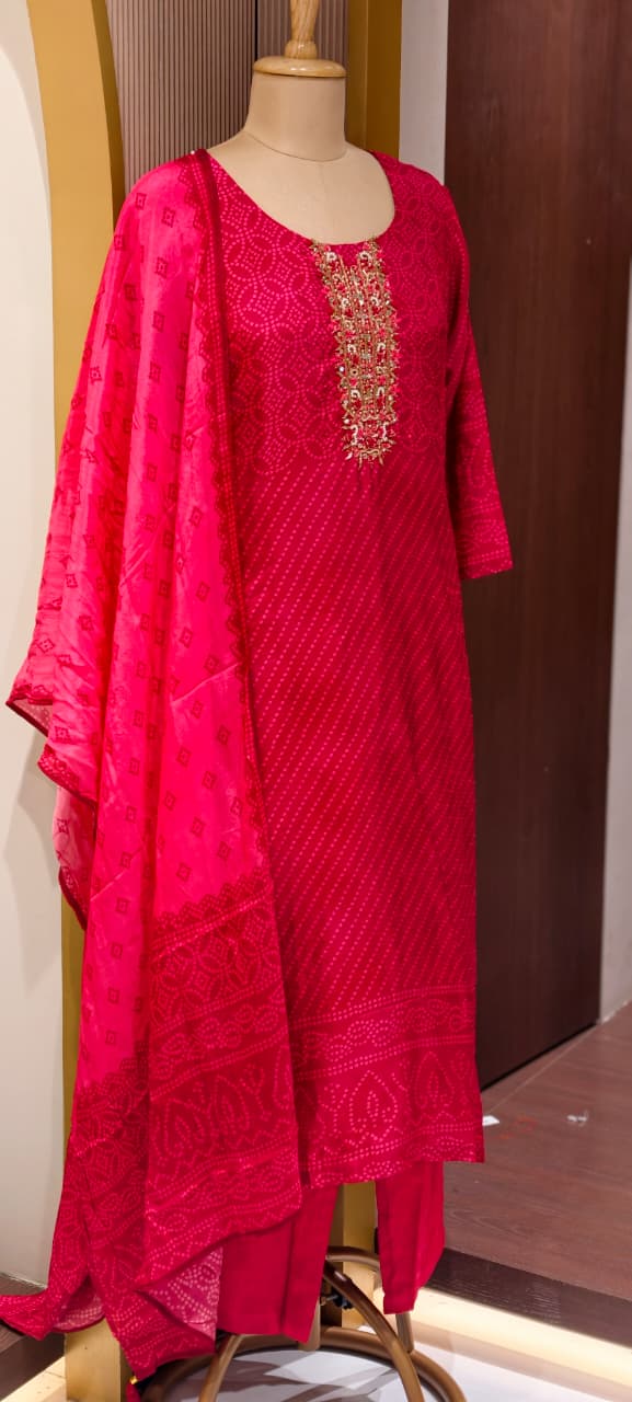 Bandhej Vneck Motifs Intricate Zari Accent Yoke Russian Silk Full Suit Set Wth Dupatta-
