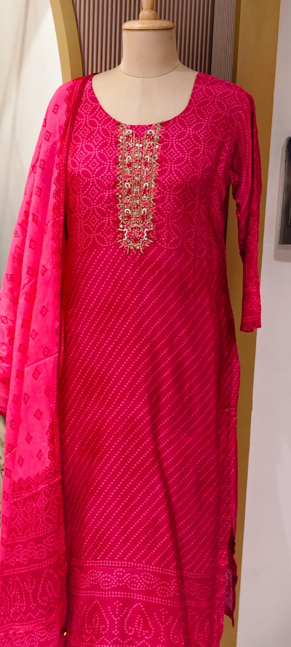 Bandhej Vneck Motifs Intricate Zari Accent Yoke Russian Silk Full Suit Set Wth Dupatta-