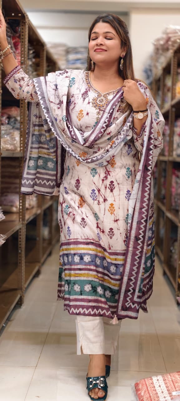 Ivory Fusion Embroidered Tie-Dye Full Suit Set with Dupatta In Muslin Fabric-LEAN FIT(ADVISIBLE NEXT SIZE)