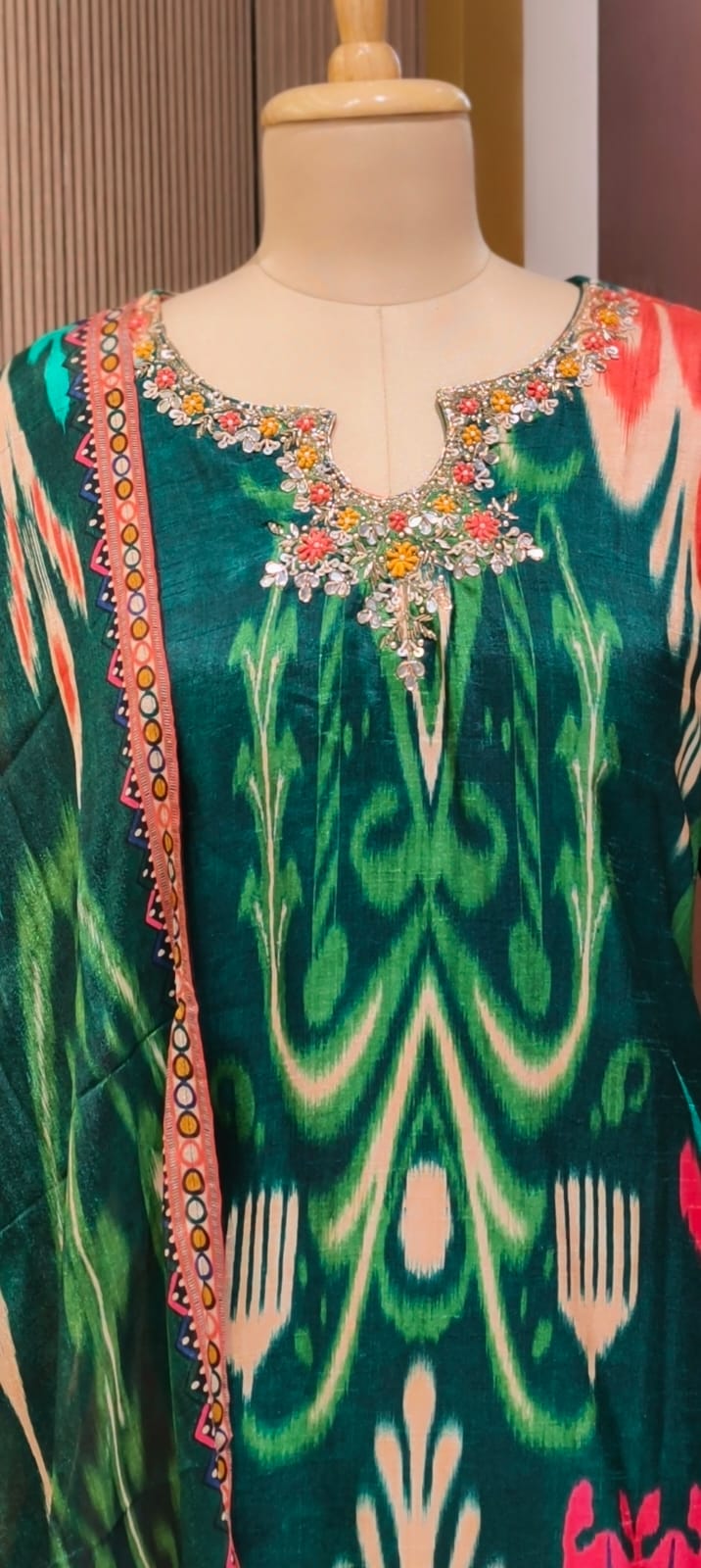 Ornate Crystal & Bead Work Midnight Emerald Royal Ikat Print Full Suit Set with Dupatta