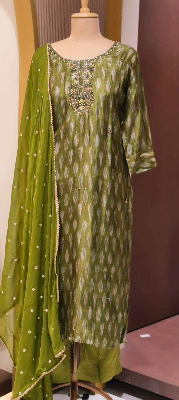 Moss Green Textured Ikat Pattern Full Suit Set with Zardosi Embroidered Neck