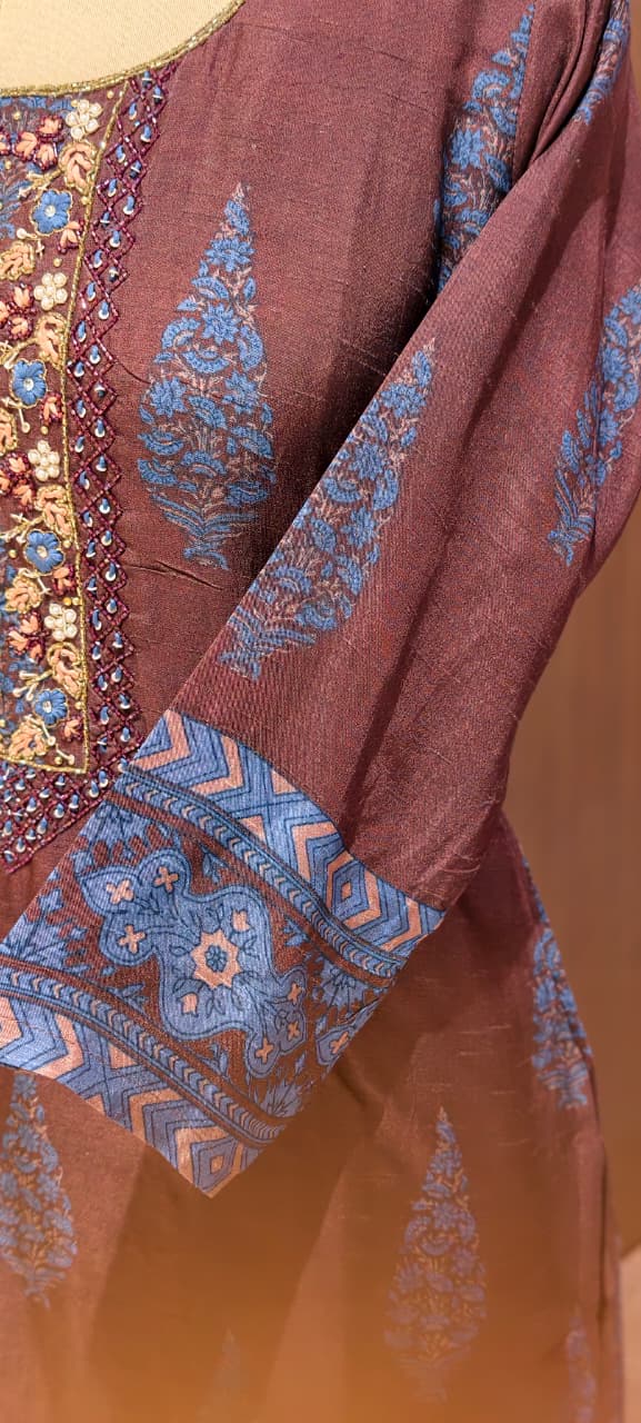 Chocolate Brown Paisley Motif Russian Silk Full Suit Set With Dupatta Heavily Embroidered