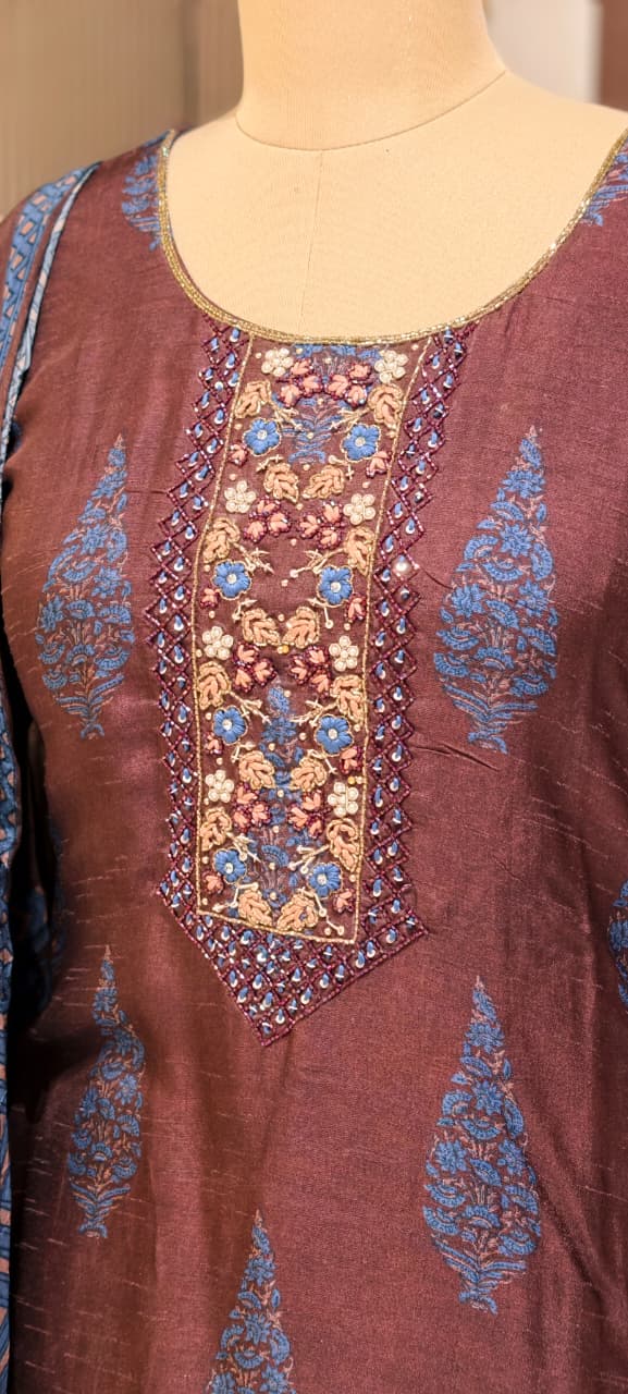 Chocolate Brown Paisley Motif Russian Silk Full Suit Set With Dupatta Heavily Embroidered