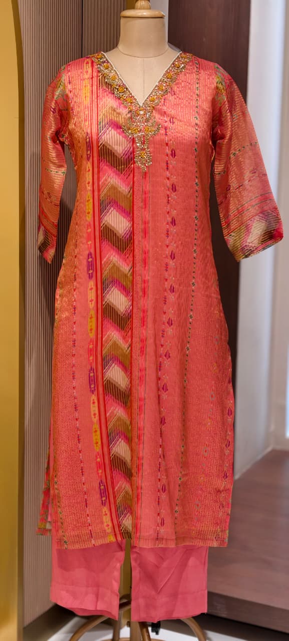Tissue Elegance Golden Classic Striped Full Suit Set With Dupatta & Embellished Neckline