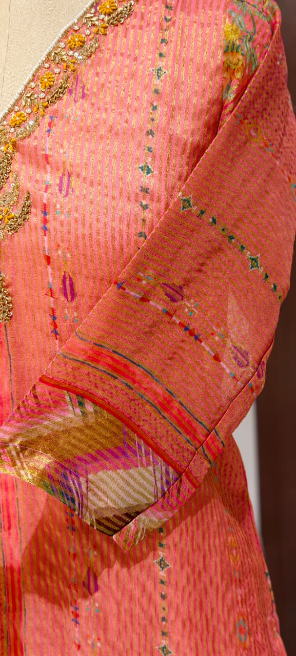 Tissue Elegance Golden Classic Striped Full Suit Set With Dupatta & Embellished Neckline