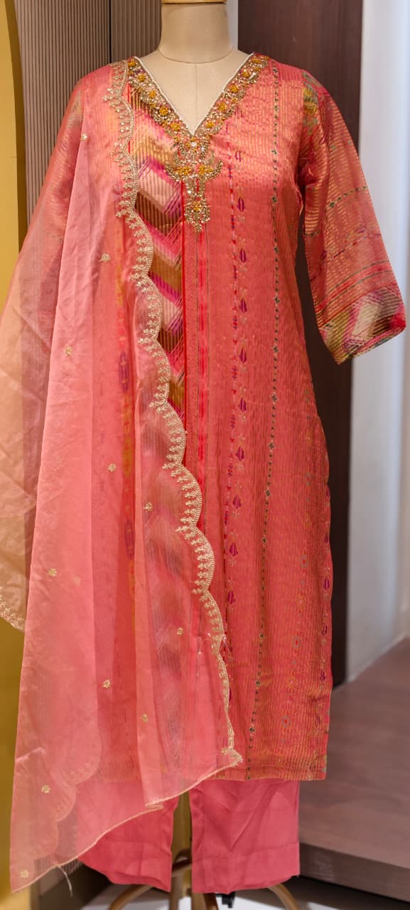 Tissue Elegance Golden Classic Striped Full Suit Set With Dupatta & Embellished Neckline