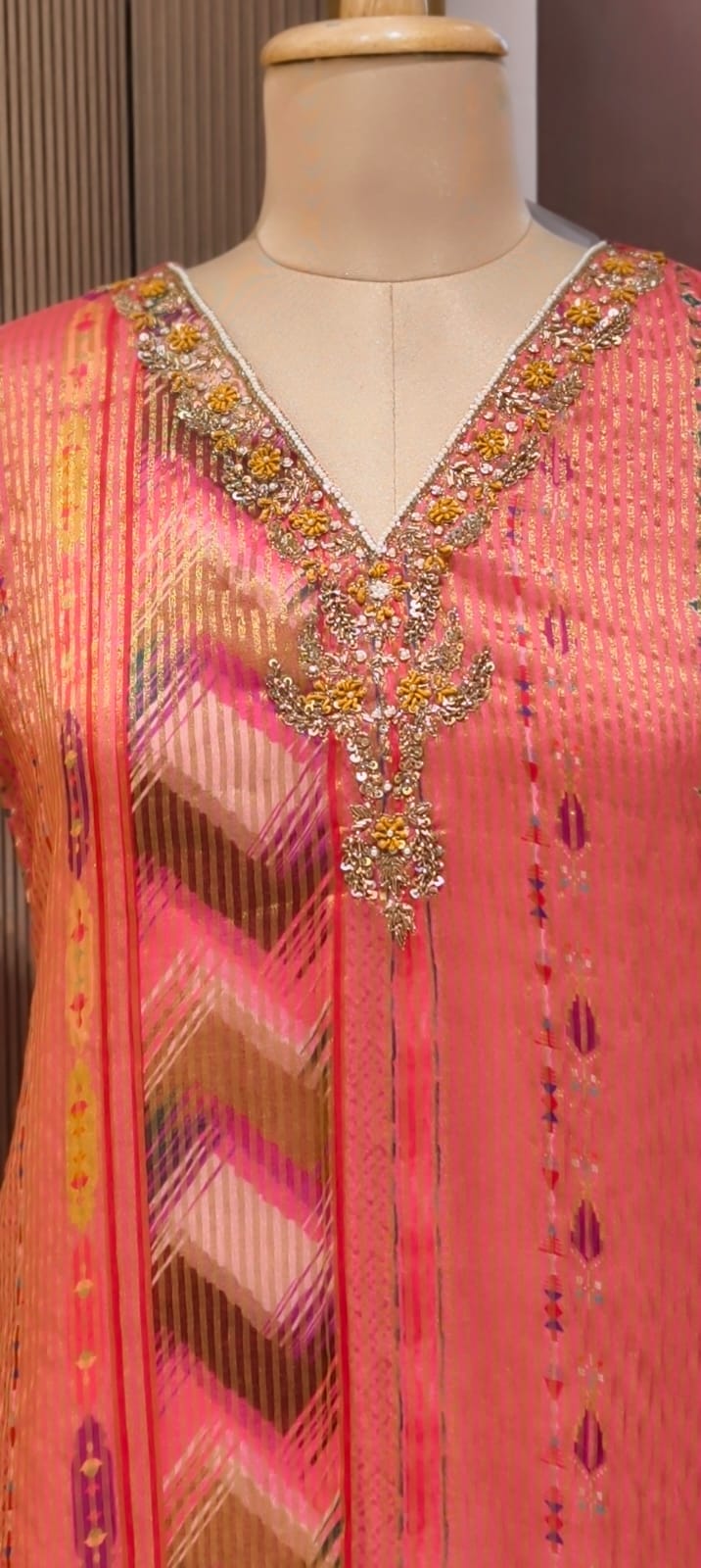 Tissue Elegance Golden Classic Striped Full Suit Set With Dupatta & Embellished Neckline