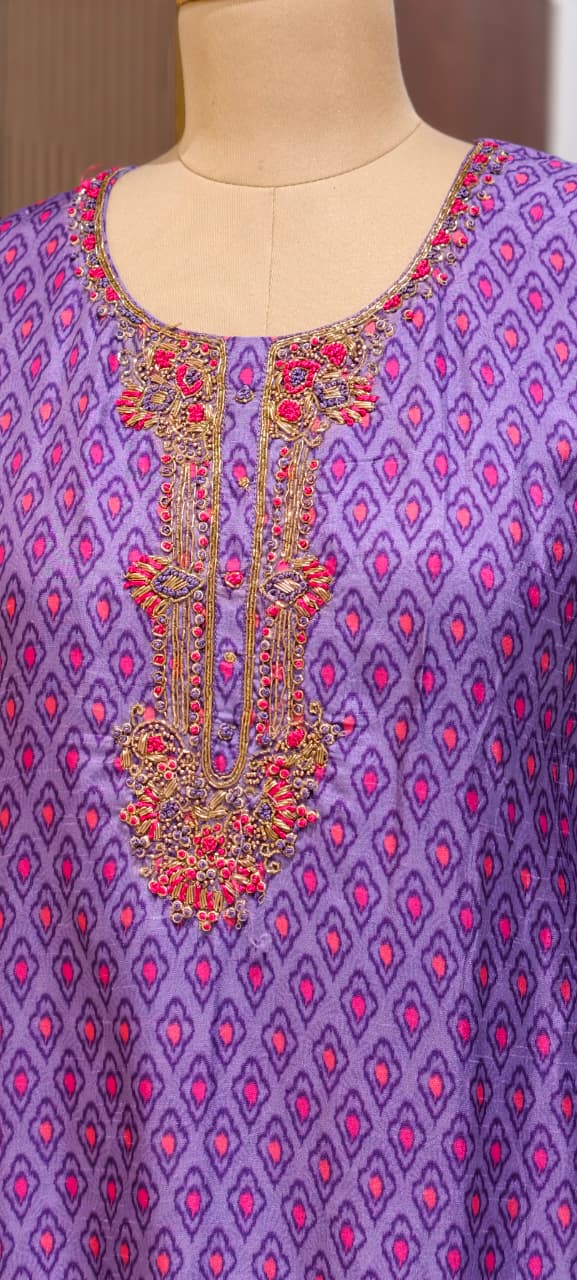 Detailed Floral Yoke Embroidery Lavender Purple Geometric Print Russian Silk Full Suit Set SLIGHTLY LEAN FIT