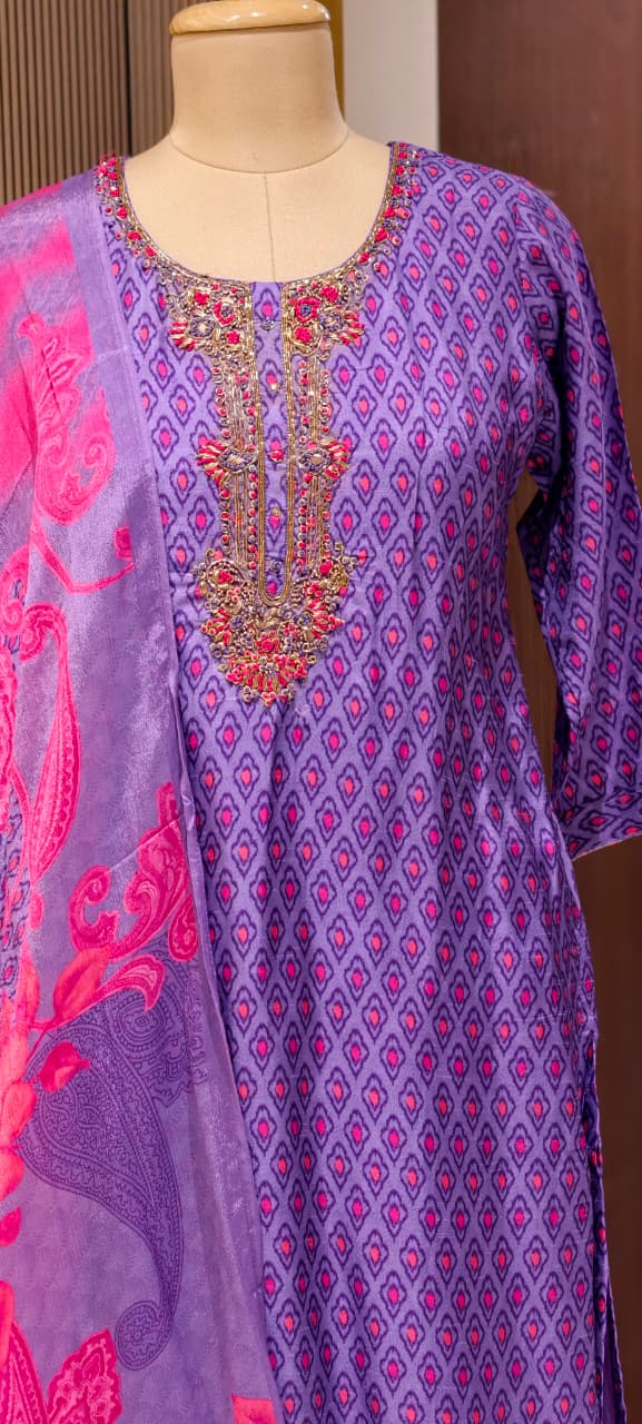 Detailed Floral Yoke Embroidery Lavender Purple Geometric Print Russian Silk Full Suit Set SLIGHTLY LEAN FIT