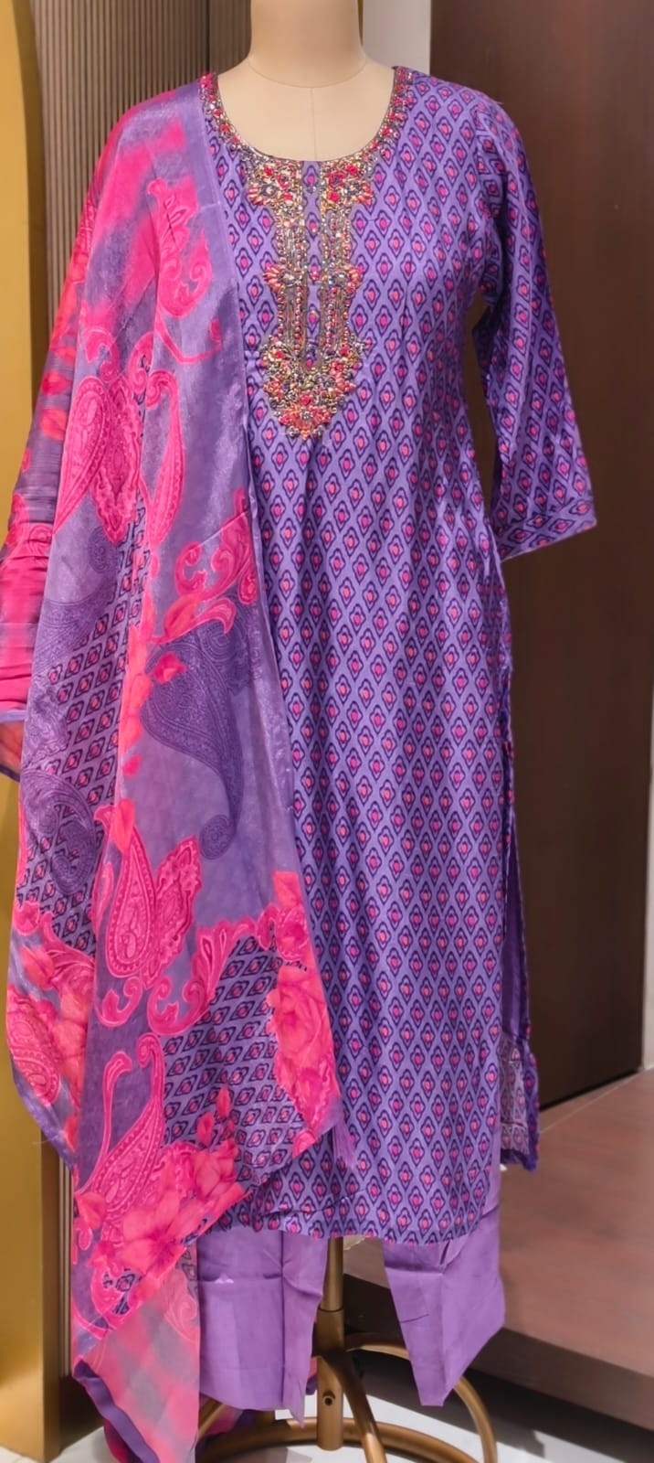 Detailed Floral Yoke Embroidery Lavender Purple Geometric Print Russian Silk Full Suit Set SLIGHTLY LEAN FIT