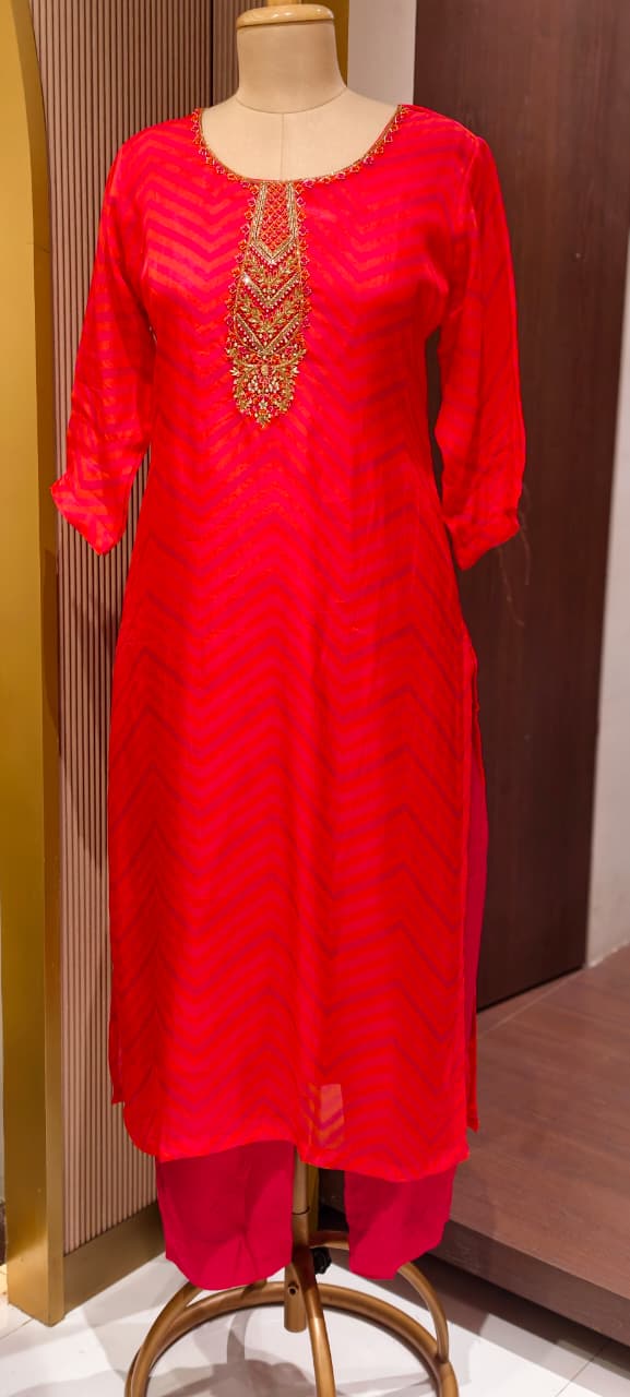 Sunset Crimson Festive Leheriya Full Suit Set with Premium Hand-Crafted Neckline