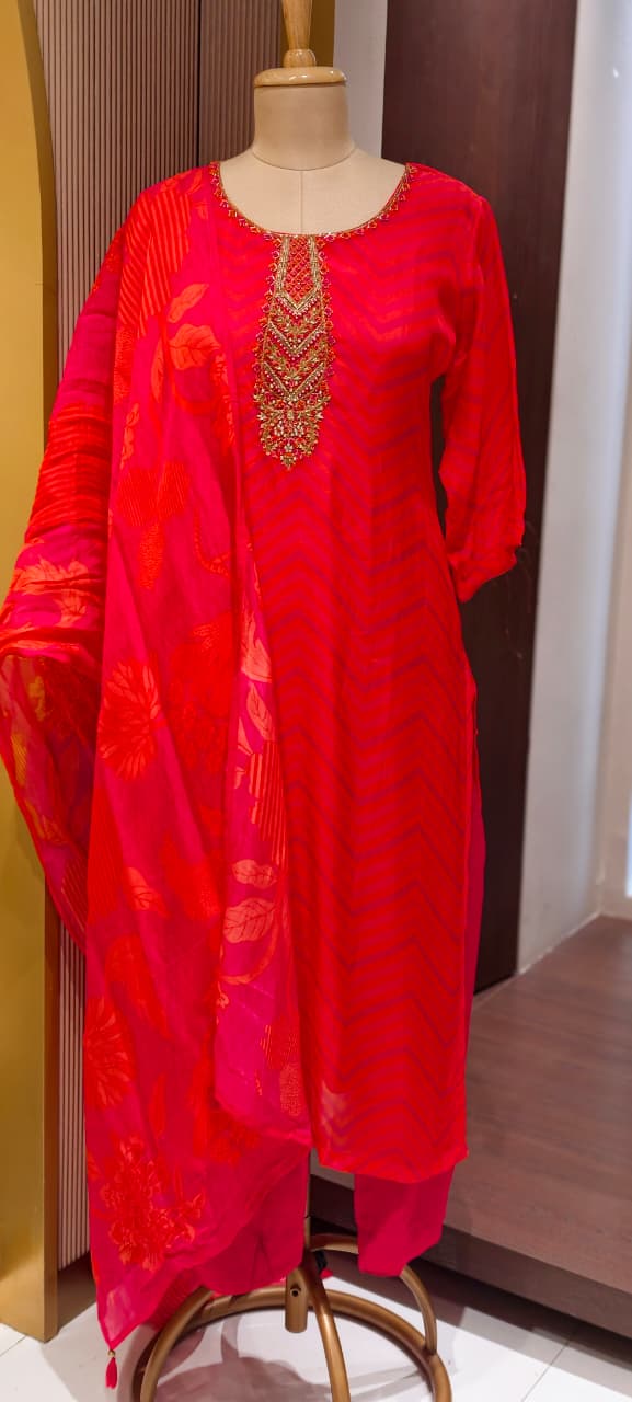Sunset Crimson Festive Leheriya Full Suit Set with Premium Hand-Crafted Neckline