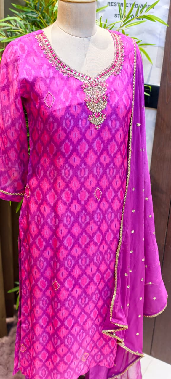 Organza Hand Embellished Neckline Royal Magenta Ikat Print Full Suit Set with Dupatta-LEAN FIT(ADVISIBLE NEXT SIZE)