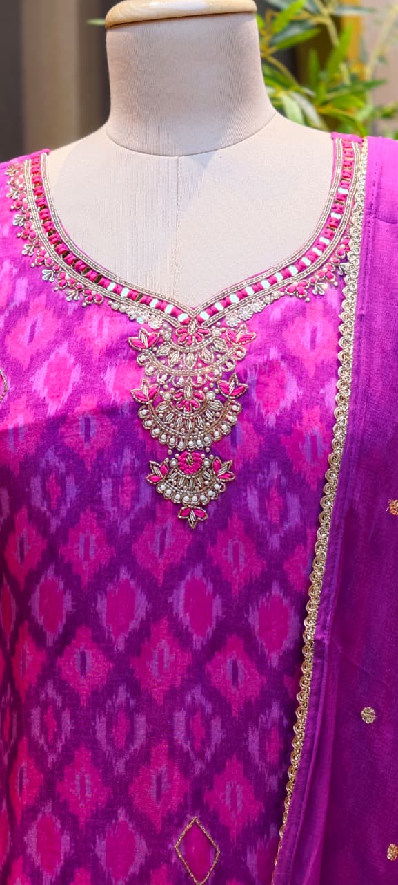 Organza Hand Embellished Neckline Royal Magenta Ikat Print Full Suit Set with Dupatta-LEAN FIT(ADVISIBLE NEXT SIZE)