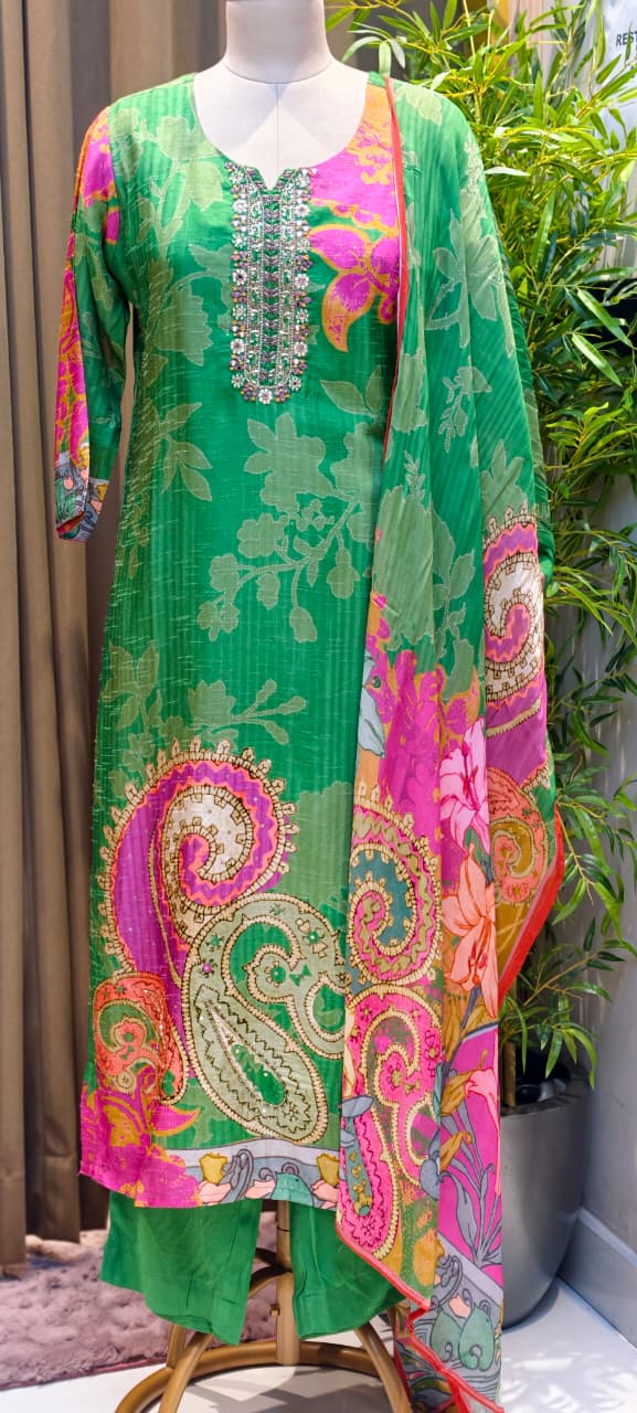 Ivory Zardosi Neckline Floral Elegance Russian Silk Full Suit Set With Dupatta-LEAN FIT(ADVISIBLE NEXT SIZE)
