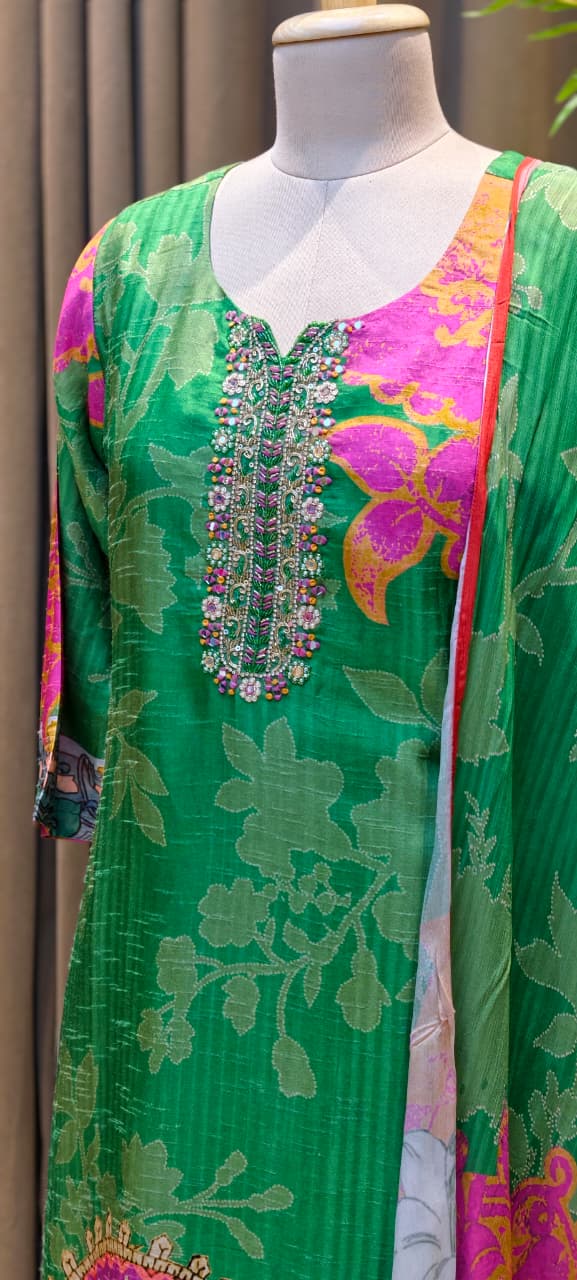 Ivory Zardosi Neckline Floral Elegance Russian Silk Full Suit Set With Dupatta-LEAN FIT(ADVISIBLE NEXT SIZE)