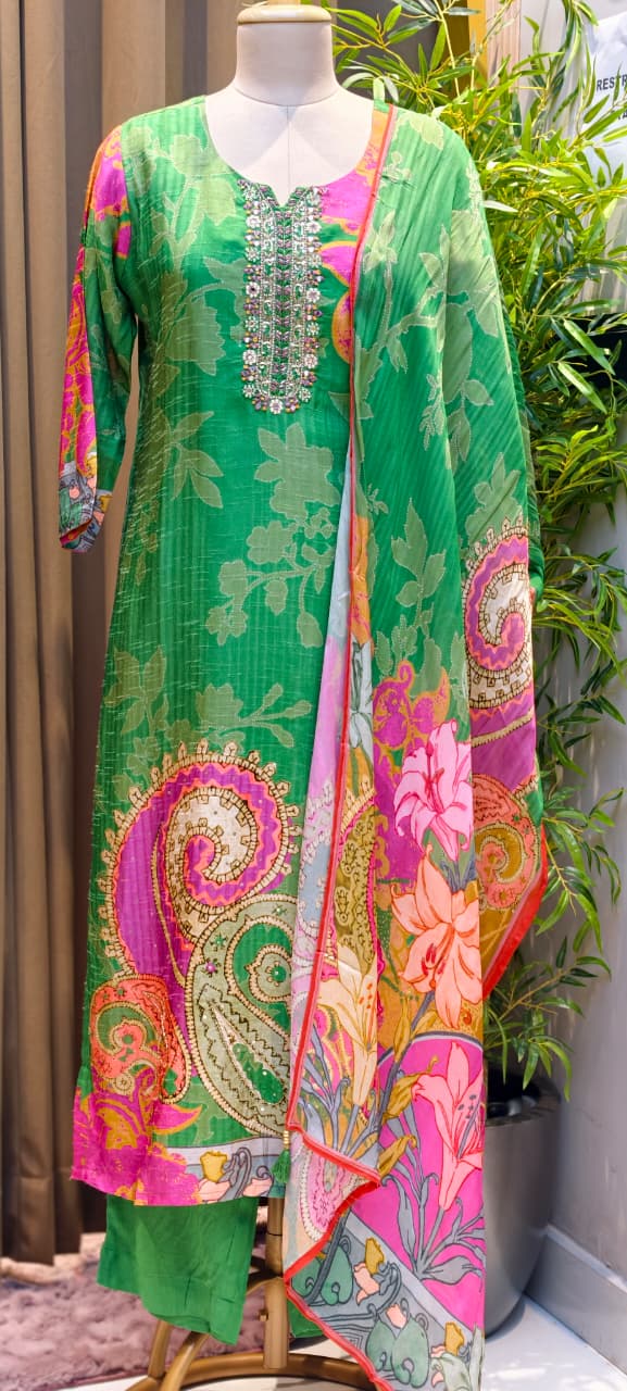 Ivory Zardosi Neckline Floral Elegance Russian Silk Full Suit Set With Dupatta-LEAN FIT(ADVISIBLE NEXT SIZE)