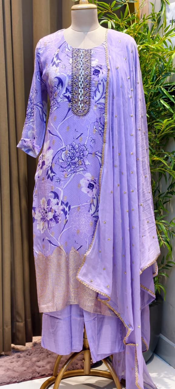 Lilac Blossom Floral Full Suit Set With Dupatta with Woven Banarasi Border-LEAN FIT(ADVISIBLE NEXT SIZE)