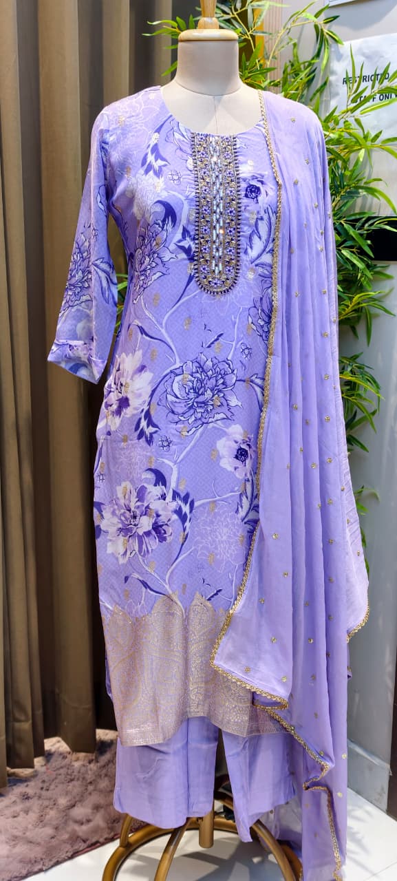 Lilac Blossom Floral Full Suit Set With Dupatta with Woven Banarasi Border-LEAN FIT(ADVISIBLE NEXT SIZE)