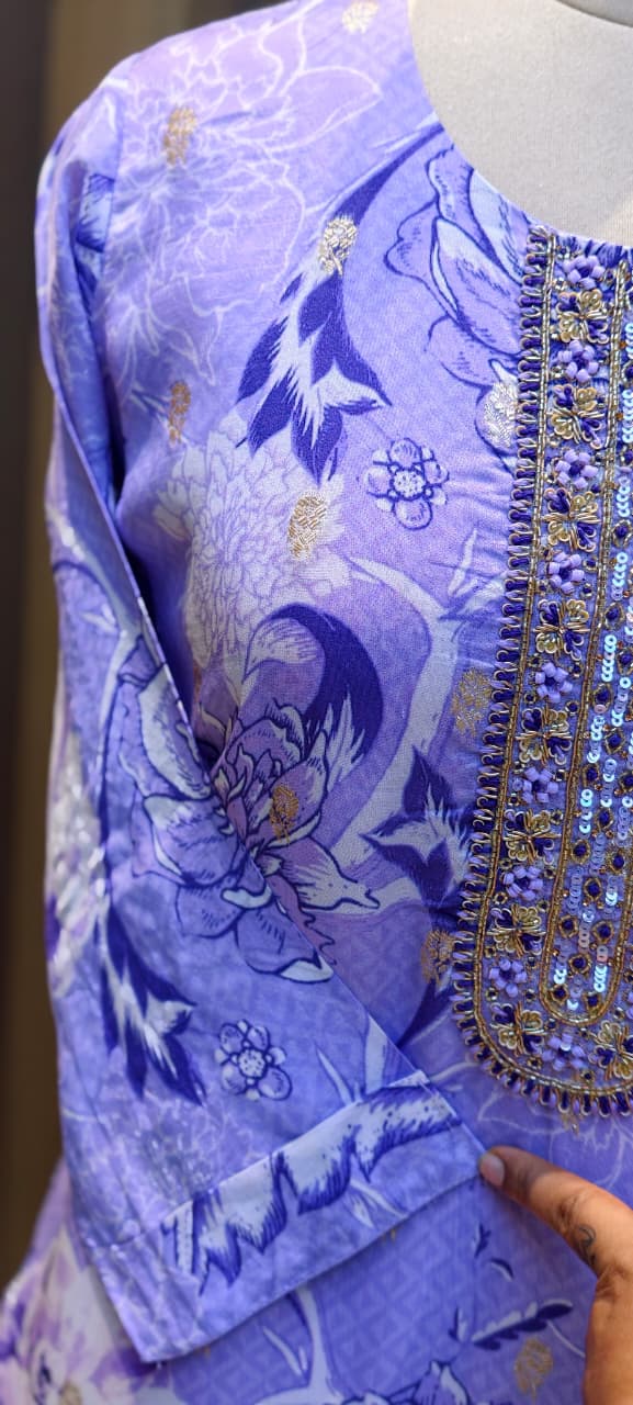Lilac Blossom Floral Full Suit Set With Dupatta with Woven Banarasi Border-LEAN FIT(ADVISIBLE NEXT SIZE)
