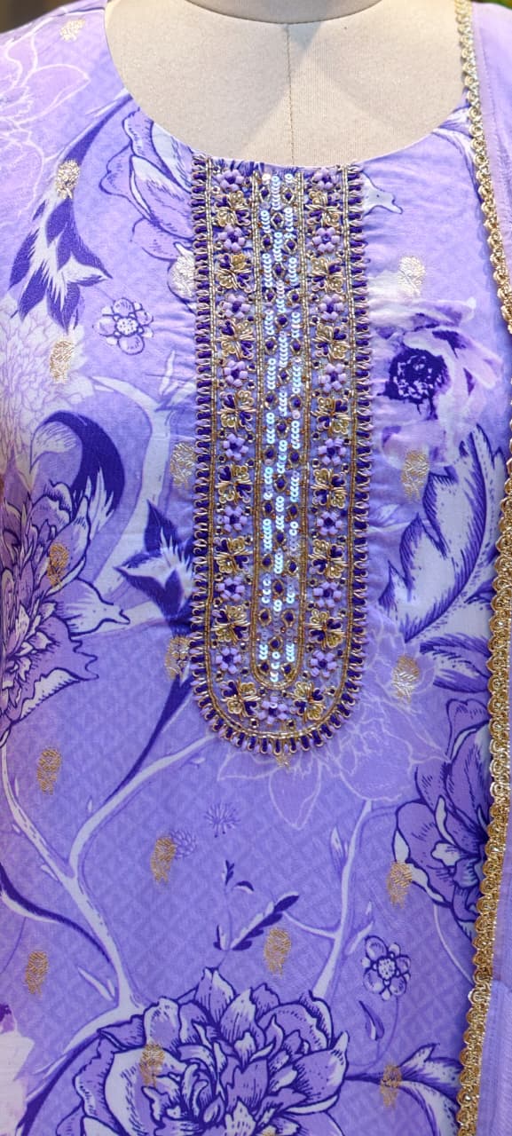 Lilac Blossom Floral Full Suit Set With Dupatta with Woven Banarasi Border-LEAN FIT(ADVISIBLE NEXT SIZE)