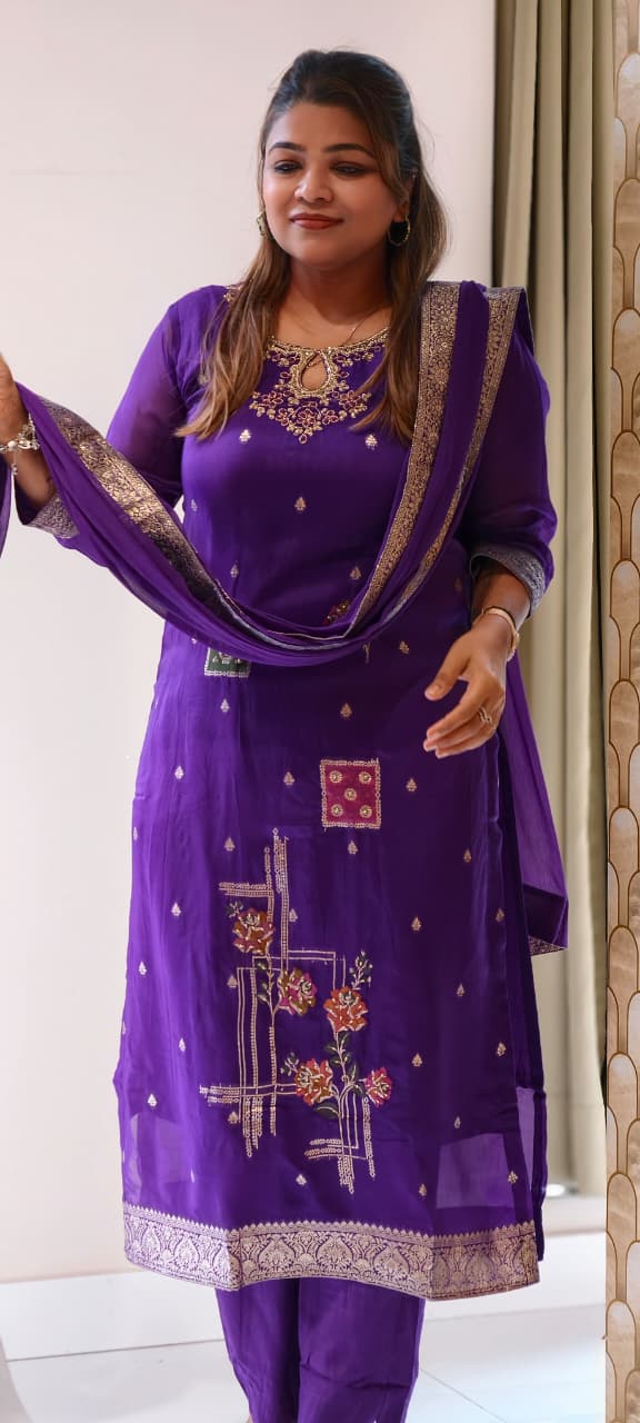 Detailed Floral Yoke Embroidery Lavender Purple Geometric Print Russian Silk Full Suit Set