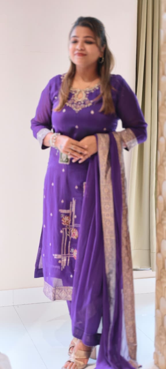 Detailed Floral Yoke Embroidery Lavender Purple Geometric Print Russian Silk Full Suit Set