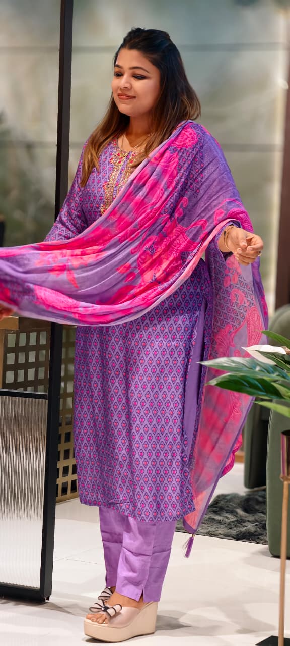 Detailed Floral Yoke Embroidery Lavender Purple Geometric Print Russian Silk Full Suit Set SLIGHTLY LEAN FIT